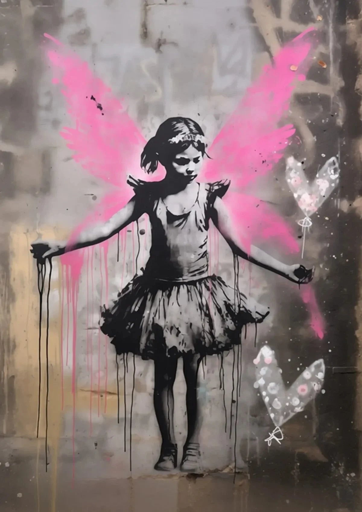 Banksy style wall art featuring a silhouette of a girl with pink wings and dripping paint on a canvas.