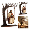 Wooden swing tabletop décor featuring Jesus and a Bible verse on a dark background