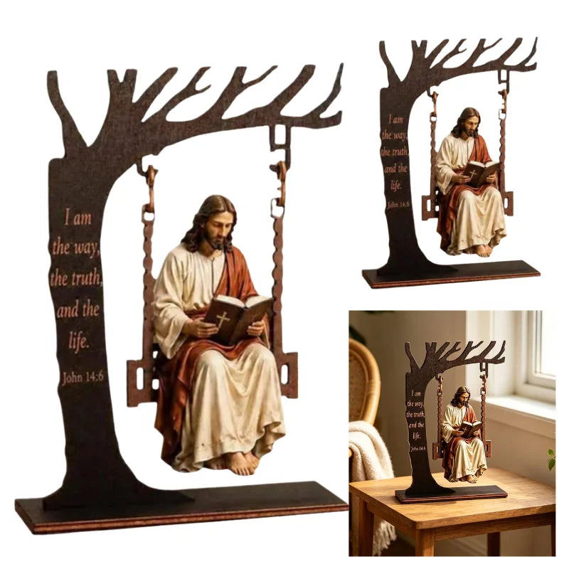 Wooden swing tabletop décor featuring Jesus and a Bible verse on a dark background