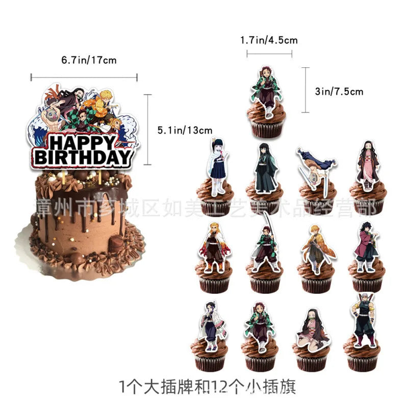 A set of 1 large cake and 12 small figurines for a Demon Slayer birthday party decoration.