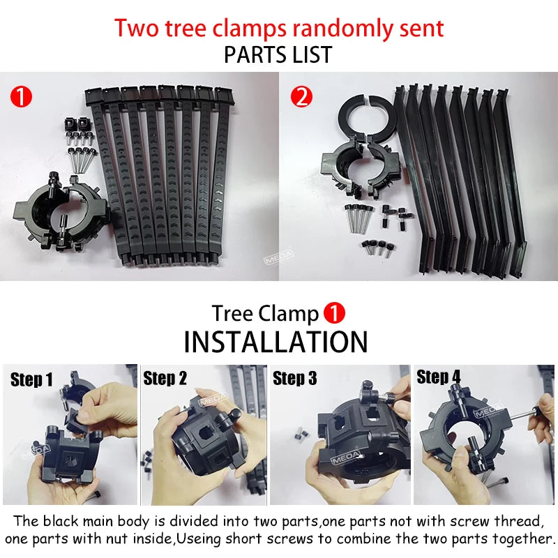 Two randomly sent tree clamps parts list showing the main body and individual parts for installation