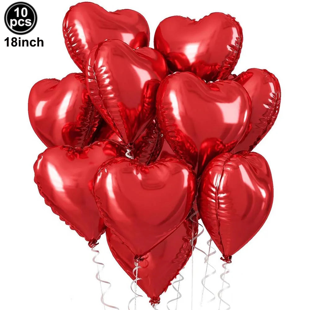 A pack of ten red heart letter balloons with a foil finish, measuring 18 inches each.