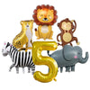 Jungle safari birthday decor set featuring inflatable lion, elephant, and zebra animals