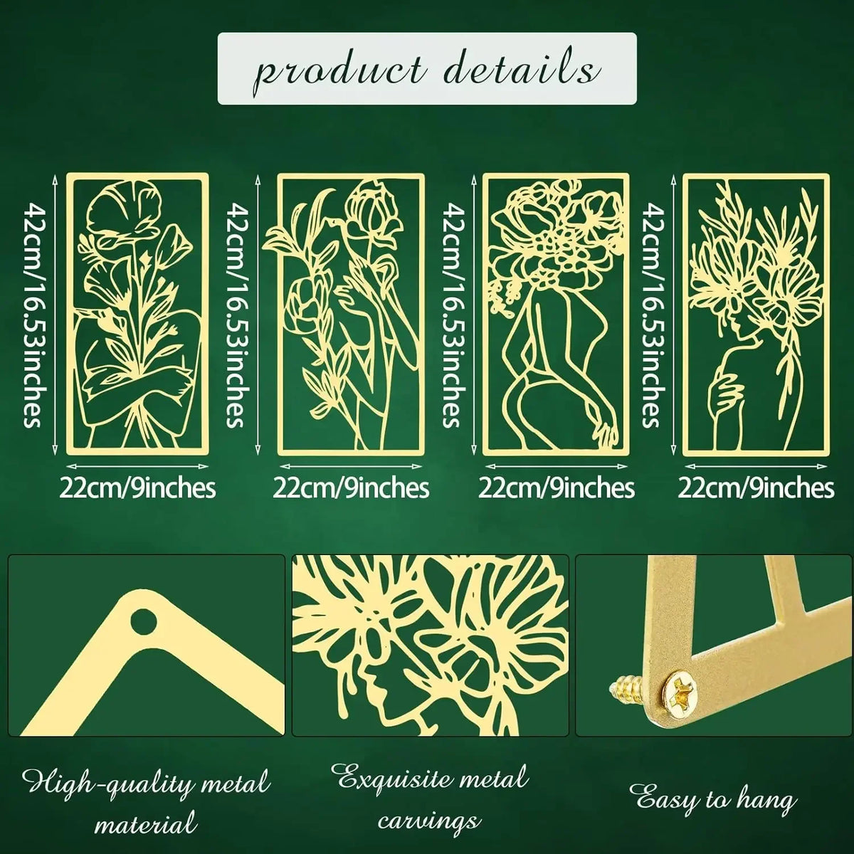Set of four gold-colored metal line art wall decor pieces featuring female figures and botanical designs.