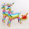 A set of two iridescent foil balloons shaped like deer with antlers, featuring a rainbow gradient color scheme.