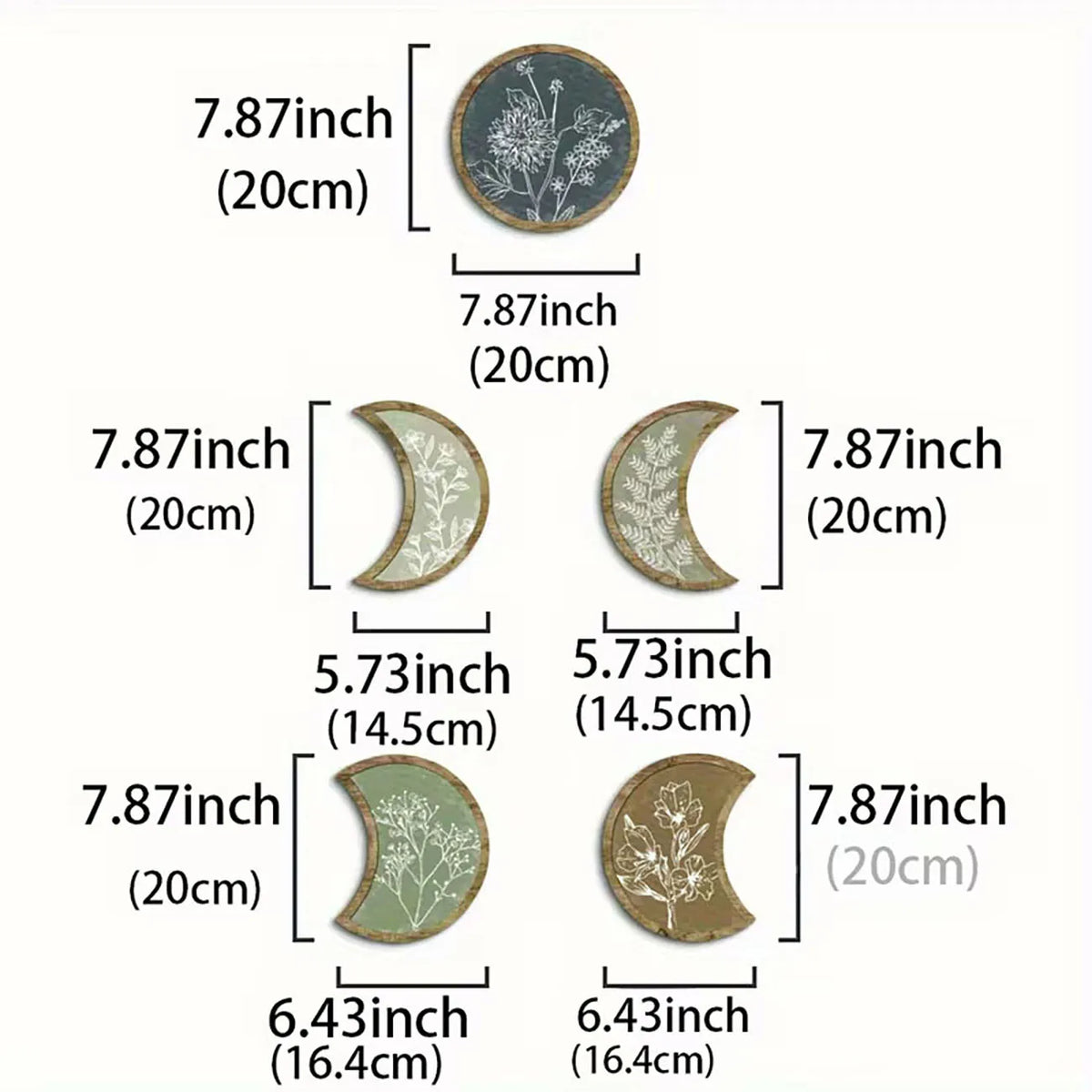 A set of boho moon phase wall decor featuring circular and crescent shapes in muted green and gold tones.