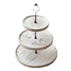 A wooden 3-tier cupcake stand with detachable layers, featuring three round tiers.