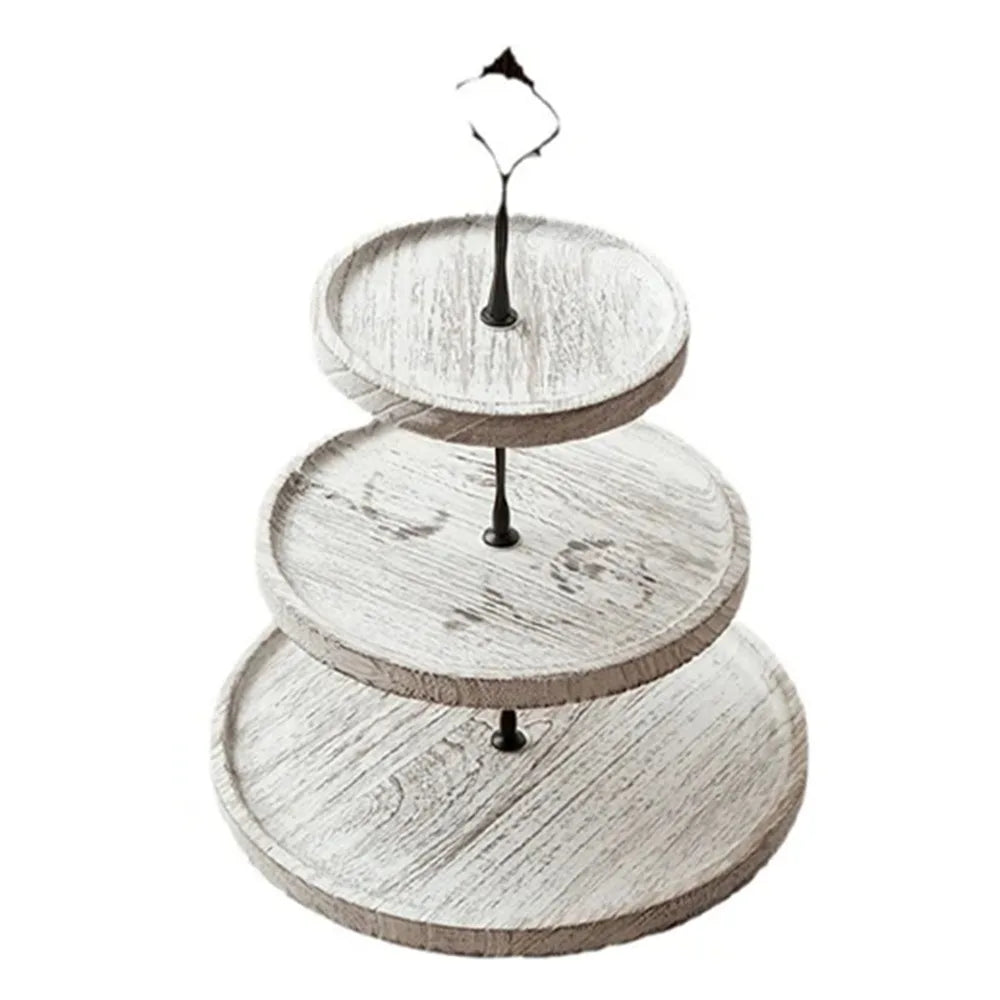 A wooden 3-tier cupcake stand with detachable layers, featuring three round tiers.