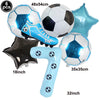 Un set de six ballons de football et un accessoire en forme de ballon de football bleu et noir.