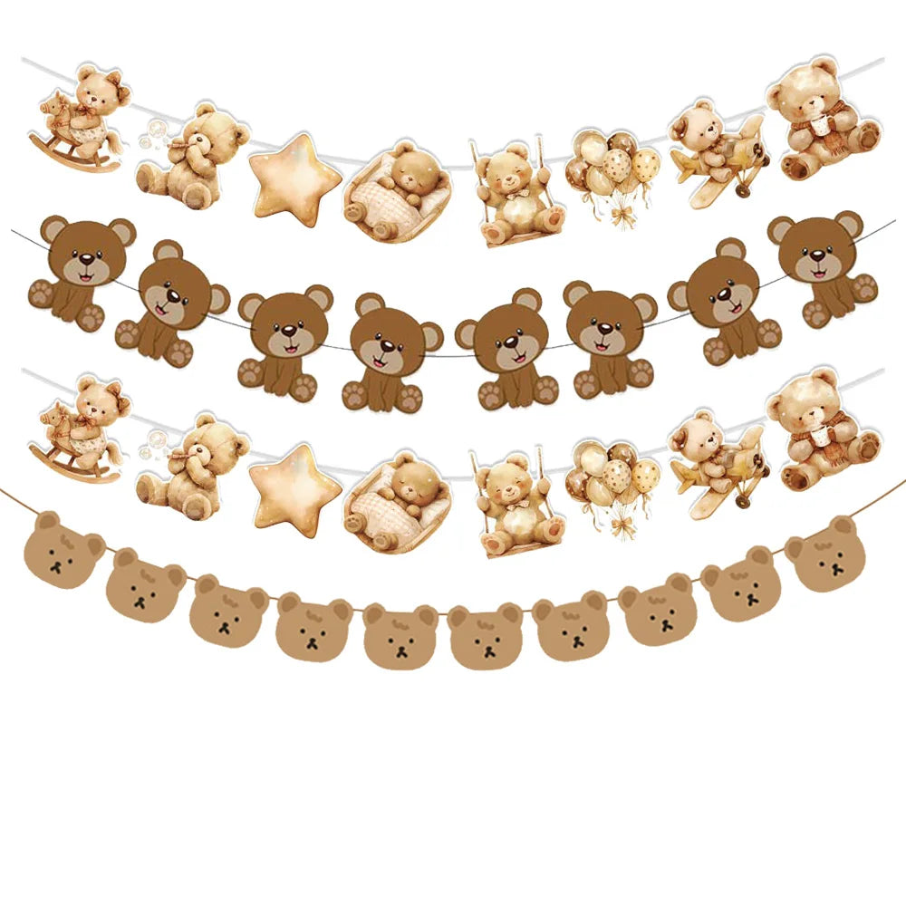 A decorative banner featuring various teddy bears and star shapes for a birthday party.
