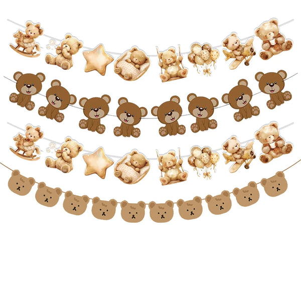 Une bannière décorative avec des ours en peluche et des formes d'étoiles pour une fête d'anniversaire.