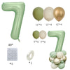 A set of vintage green and gold foil balloons shaped like the numbers 1, 4, and 7 for birthday decoration.