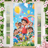 A colorful banner featuring a group of happy children and balloons decorated with flowers and rainbows.