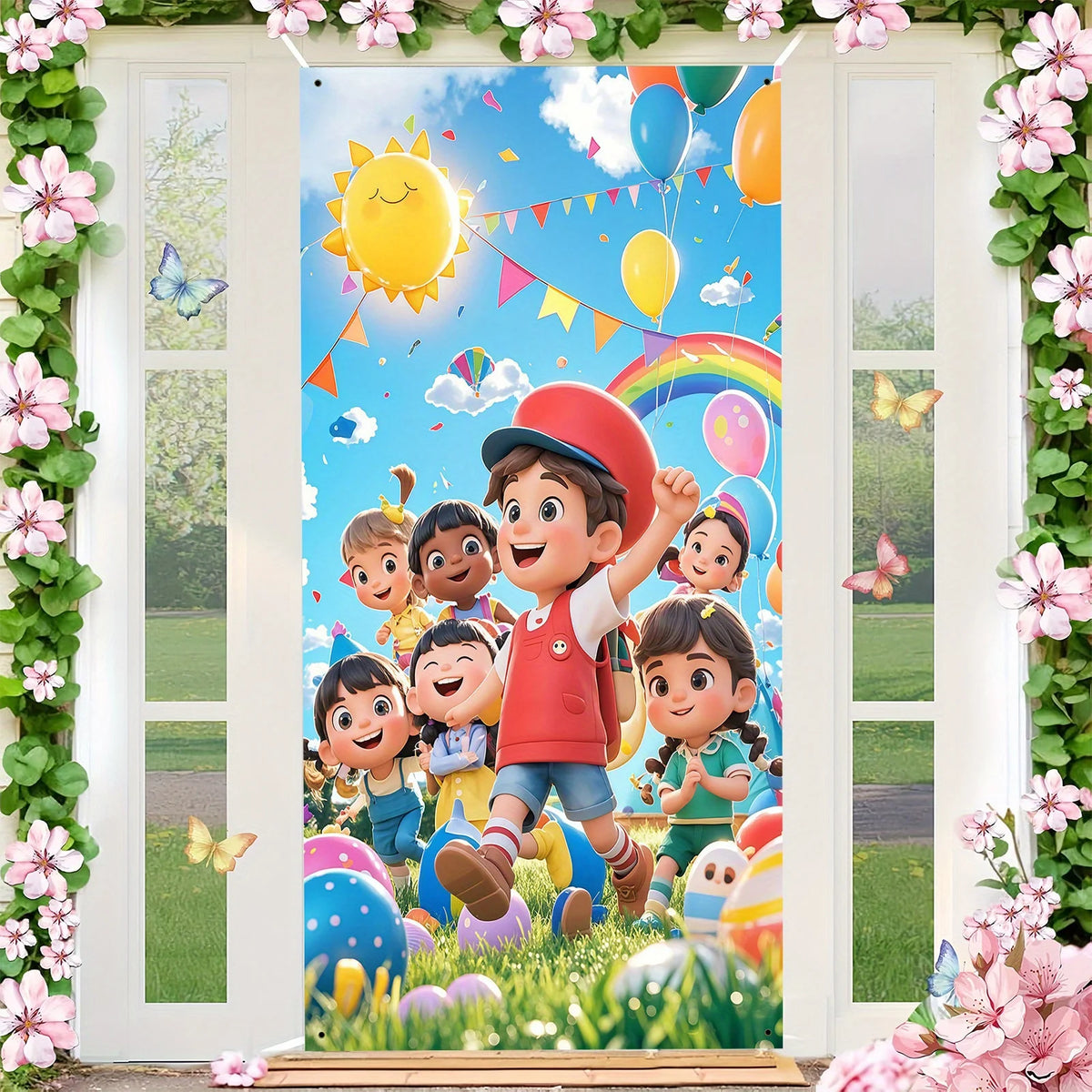 A colorful banner featuring a group of happy children and balloons decorated with flowers and rainbows.