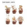 A set of 24 cake toppers featuring woodland animals like horses, bears, and rabbits on cupcake bases.