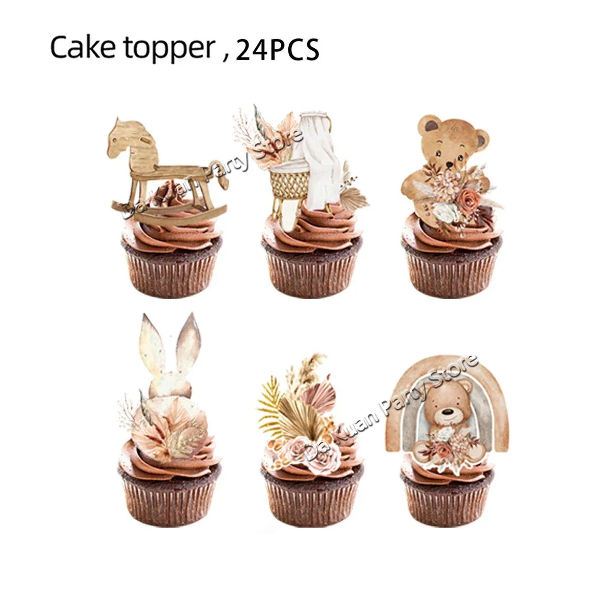 A set of 24 cake toppers featuring woodland animals like horses, bears, and rabbits on cupcake bases.