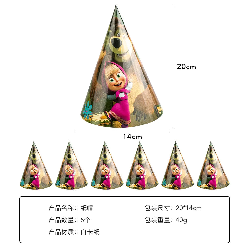 A pyramid-shaped party decor set featuring a character resembling Masha and Bear