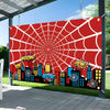 A large red spiderweb banner featuring a cityscape silhouette with bright colors and text.