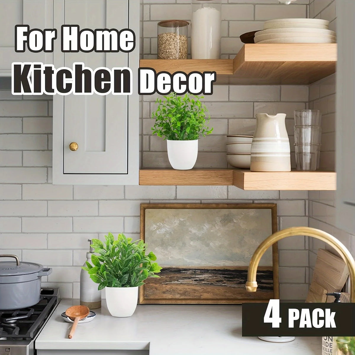 A set of four mini artificial bonsai plants in white pots displayed on wooden shelves for home kitchen decor.