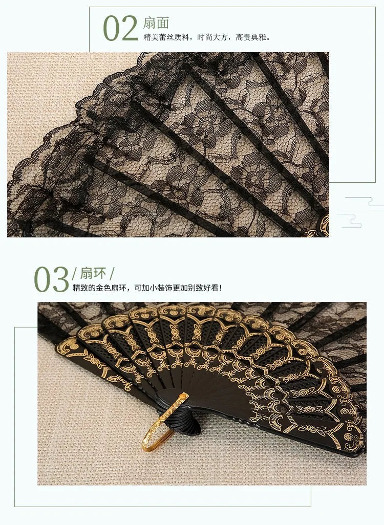 Close-up of a black lace folding fan with gold accents and a decorative gold pin.