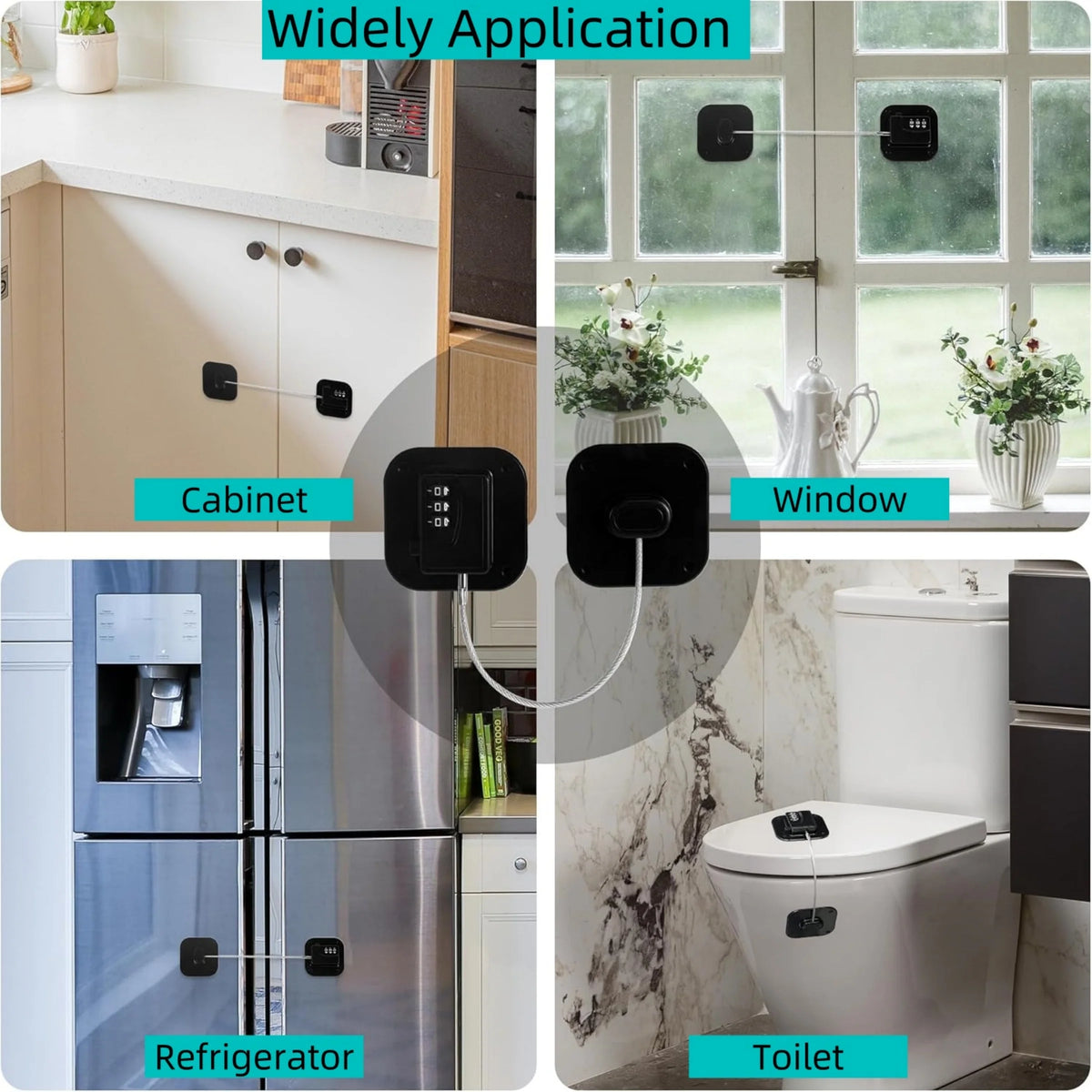 Stainless steel combination locks installed on a cabinet, window, refrigerator, and toilet.