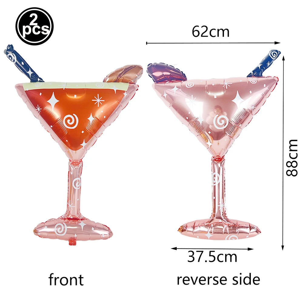 A pair of pink iridescent cocktail-style glasses with blue straws and decorative rims shown from the front and reverse side.