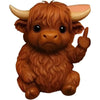 A small, brown resin statue of a calf with horns and a raised finger.