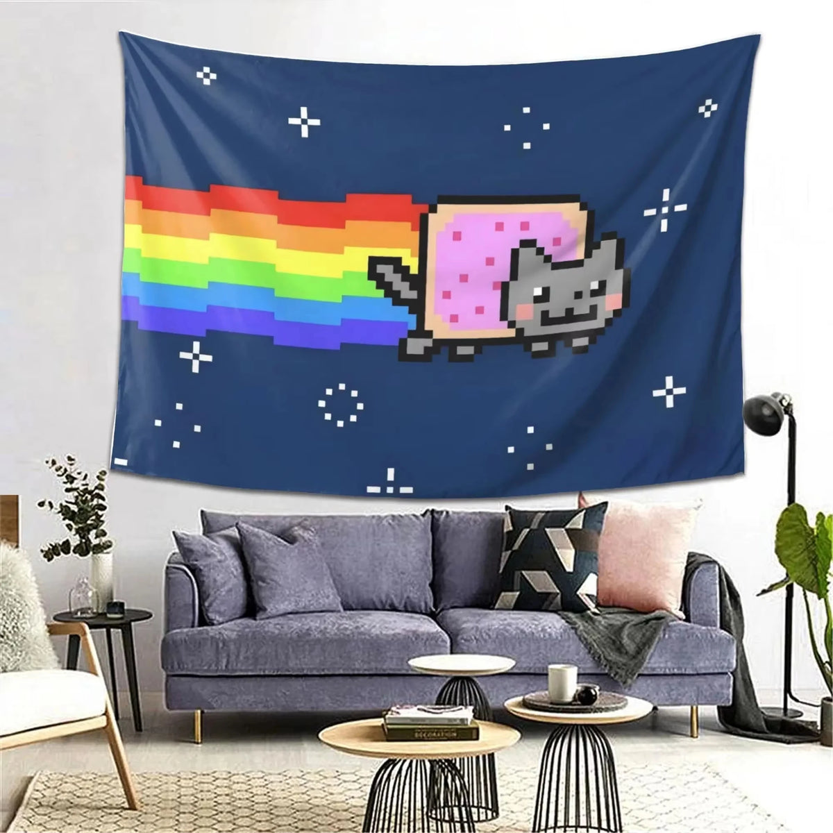 Nyan Cat Pixel Art Tapestry – Rainbow Cat Wall Hanging