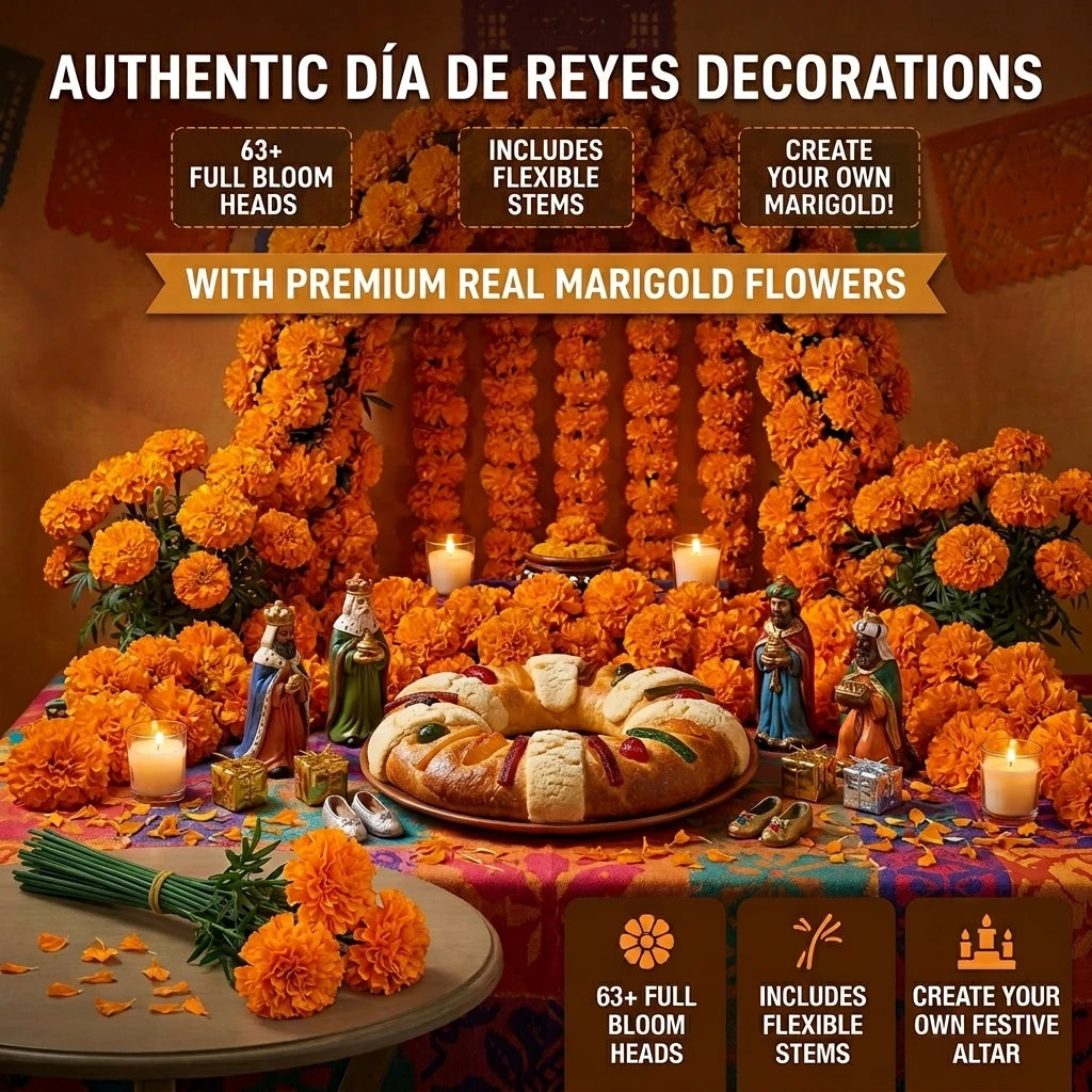 A display of orange marigold flowers and stems used for authentic Día de Reyes decorations.