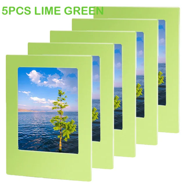 Five lime green magnetic photo frames for displaying Instax mini film