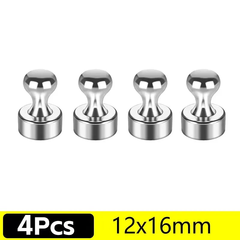 Four silver magnetic pushpins with round heads and threaded bases.