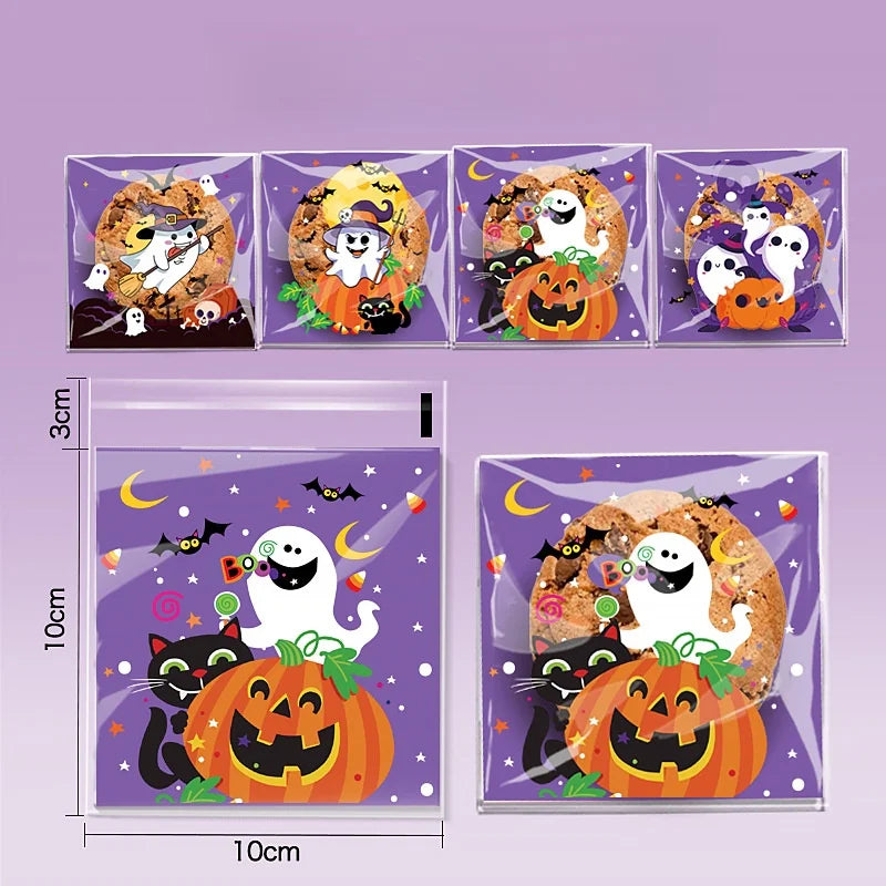 A set of ten Halloween cellophane treat bags featuring carved pumpkin and ghost designs for candy or treats.