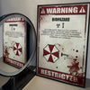 A framed poster warning about a biohazard with red splatter effects and text.