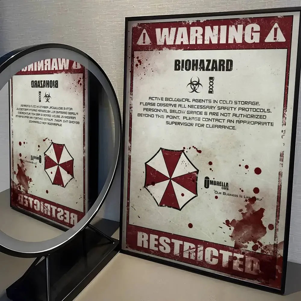 A framed poster warning about a biohazard with red splatter effects and text.
