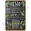 A chalkboard plaque with instructions for making pesto, showing ingredients and steps.