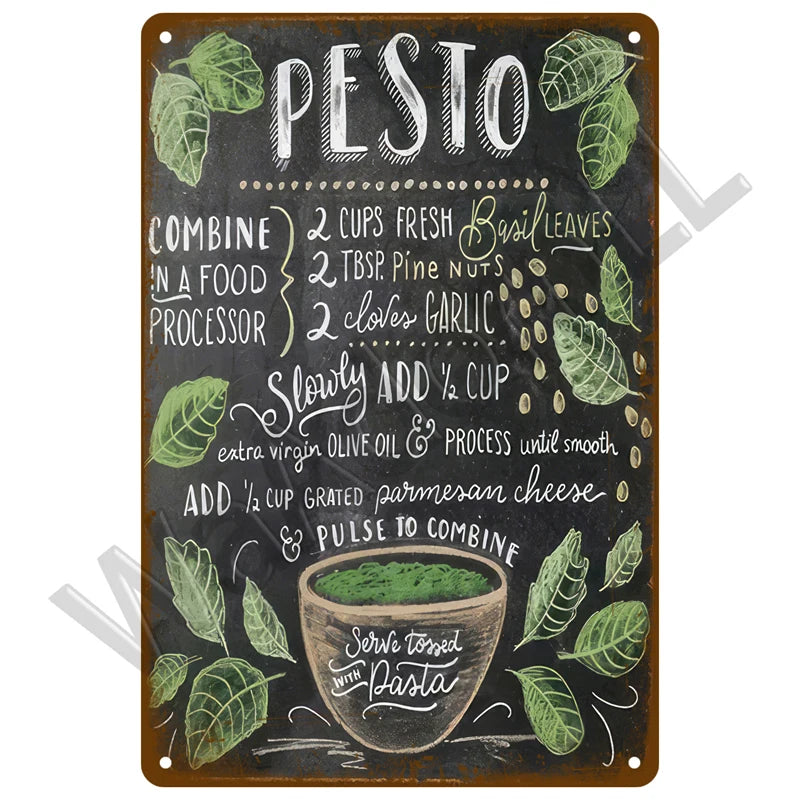 A chalkboard plaque with instructions for making pesto, showing ingredients and steps.