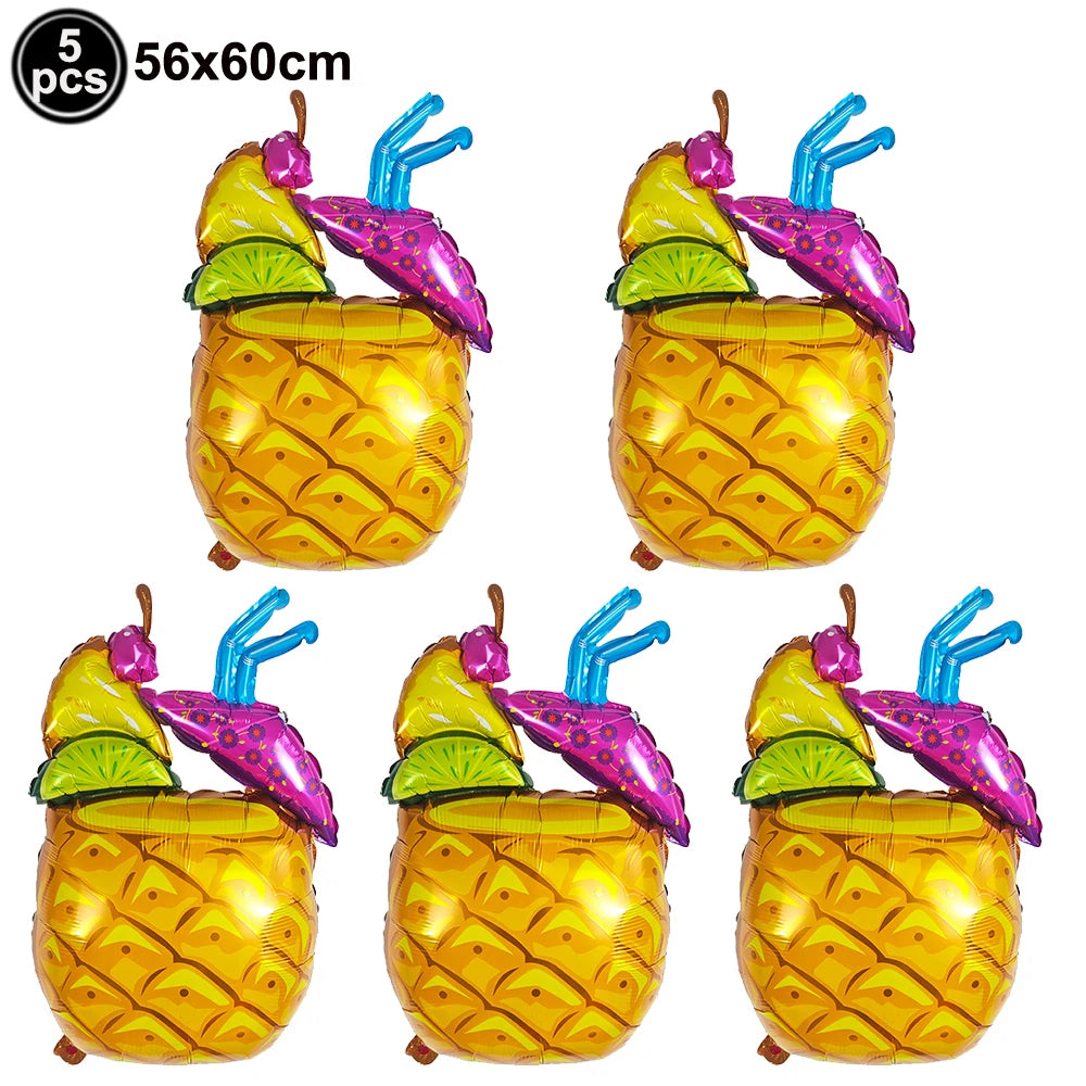 Set of five yellow and pink Hawaiian luau party sunglasses and table mats