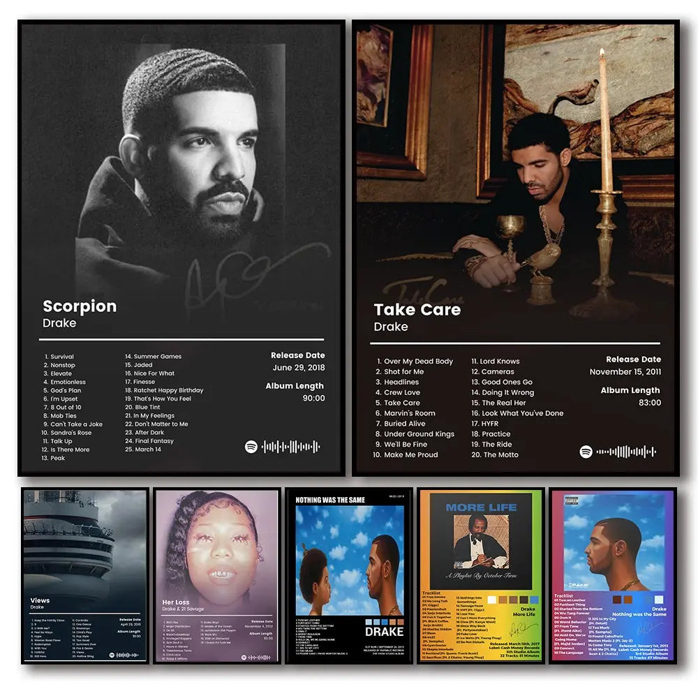 Album art for Drake's Scorpion and Take Care featuring album covers and artwork.