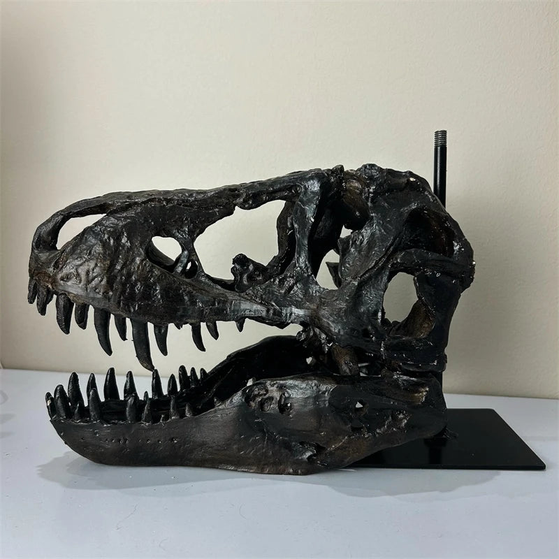 A dark resin sculpture of a realistic dinosaur skull with prominent teeth and eye sockets.