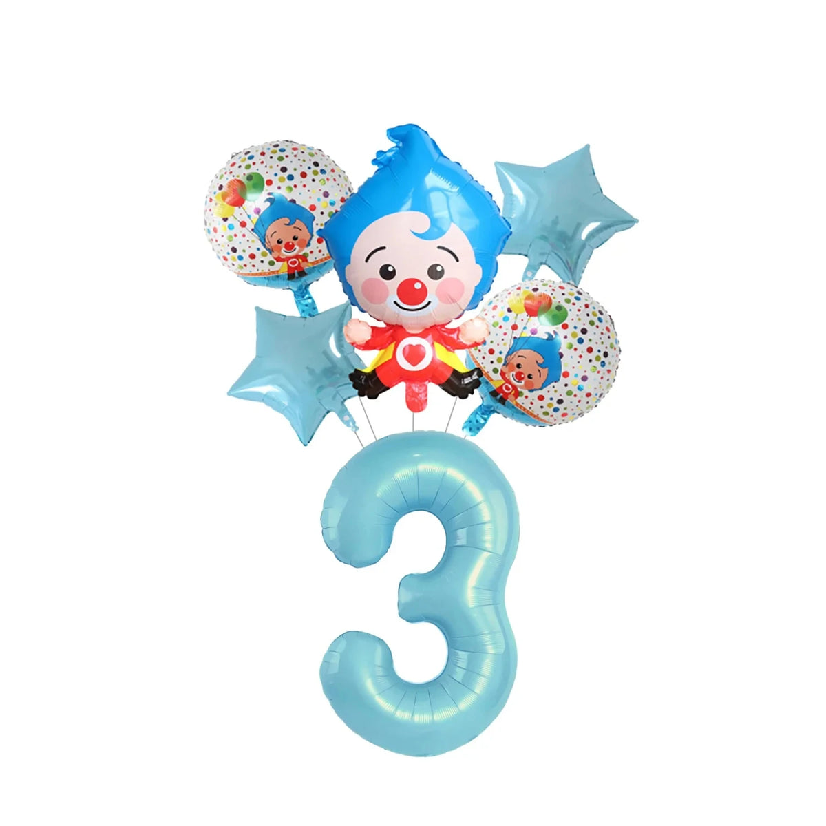 Blue circus theme birthday party decor set featuring a clown face and star balloons