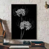 Black and white line art illustration of a red spider lily flower on a dark background
