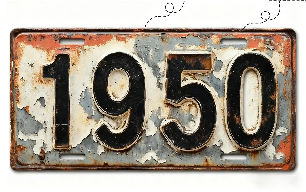 A vintage aluminum license plate with the year 1950 embossed on it, showing signs of rust and fading.