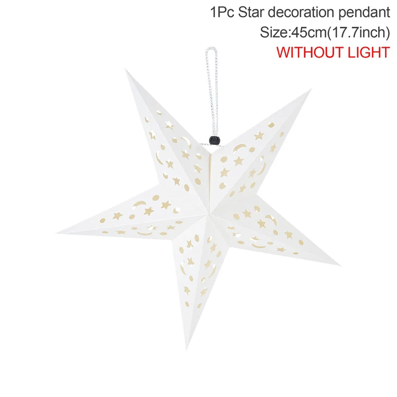 A white star decoration pendant with gold stars hanging from a chain.