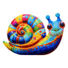 A vibrant, spiral-shaped metal snail sculpture featuring bright rainbow colors for garden and home decor.