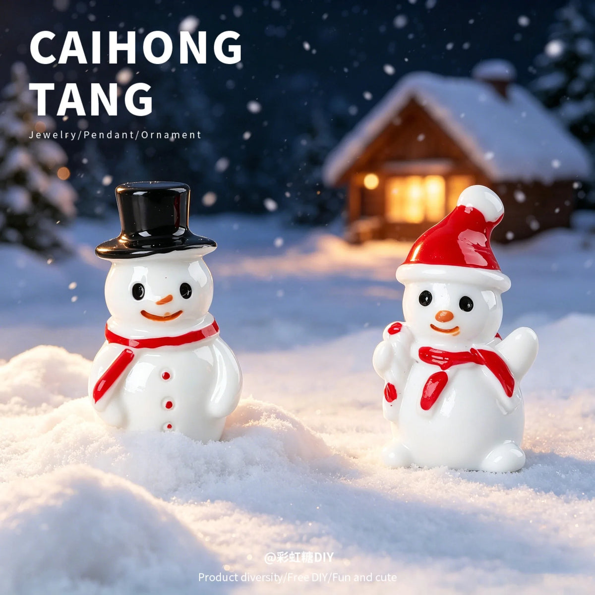 Two white resin snowman figurines, one wearing a black top hat and the other a red hat, are placed in a snowy outdoor setting
