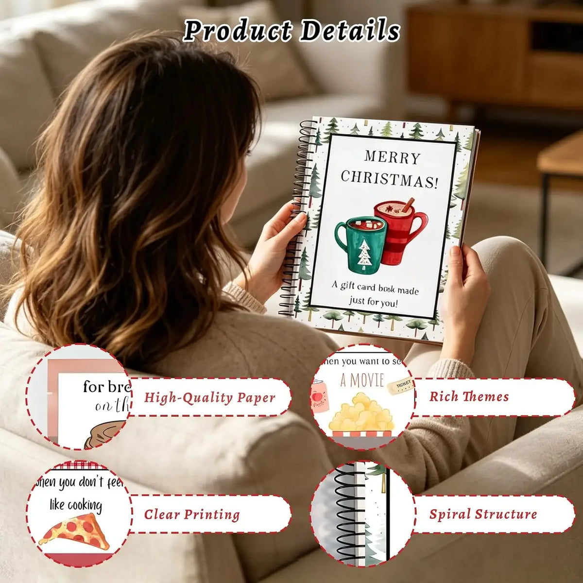 A woman is holding a spiral bound Christmas gift card booklet with festive designs and details about the product.