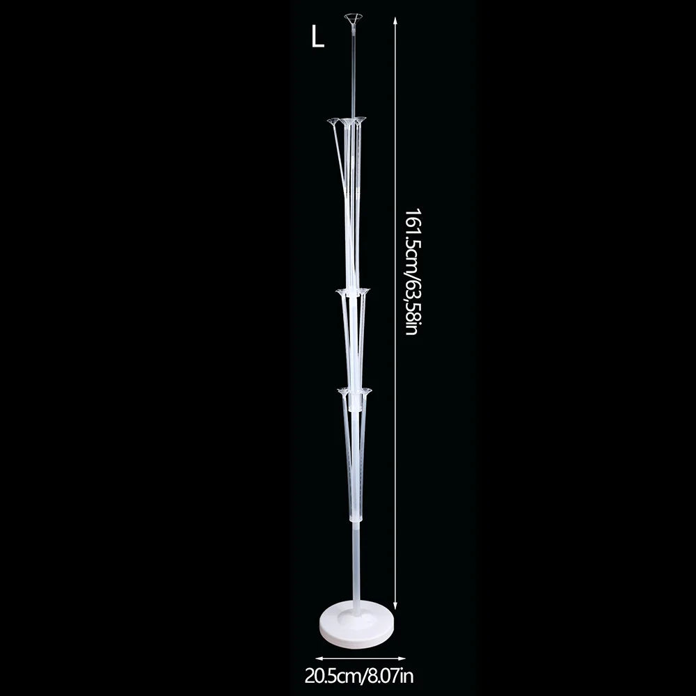 A tall, clear adjustable balloon stand with a base and pole for party decorations.