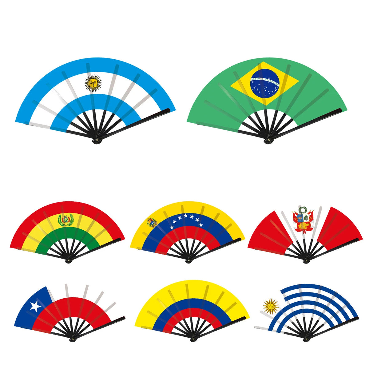 Three folding cheering fans displaying the flags of Argentina, Brazil, and Colombia.