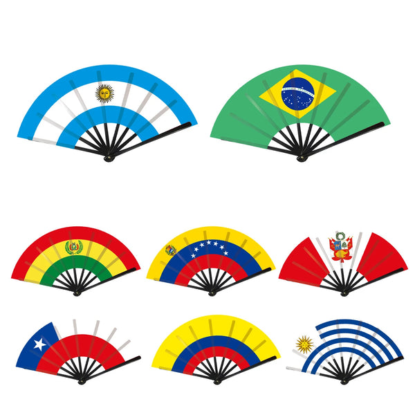 Three folding cheering fans displaying the flags of Argentina, Brazil, and Colombia.