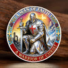 A commemorative coin featuring a man of faith warrior design with a sword and cross on a circular background.